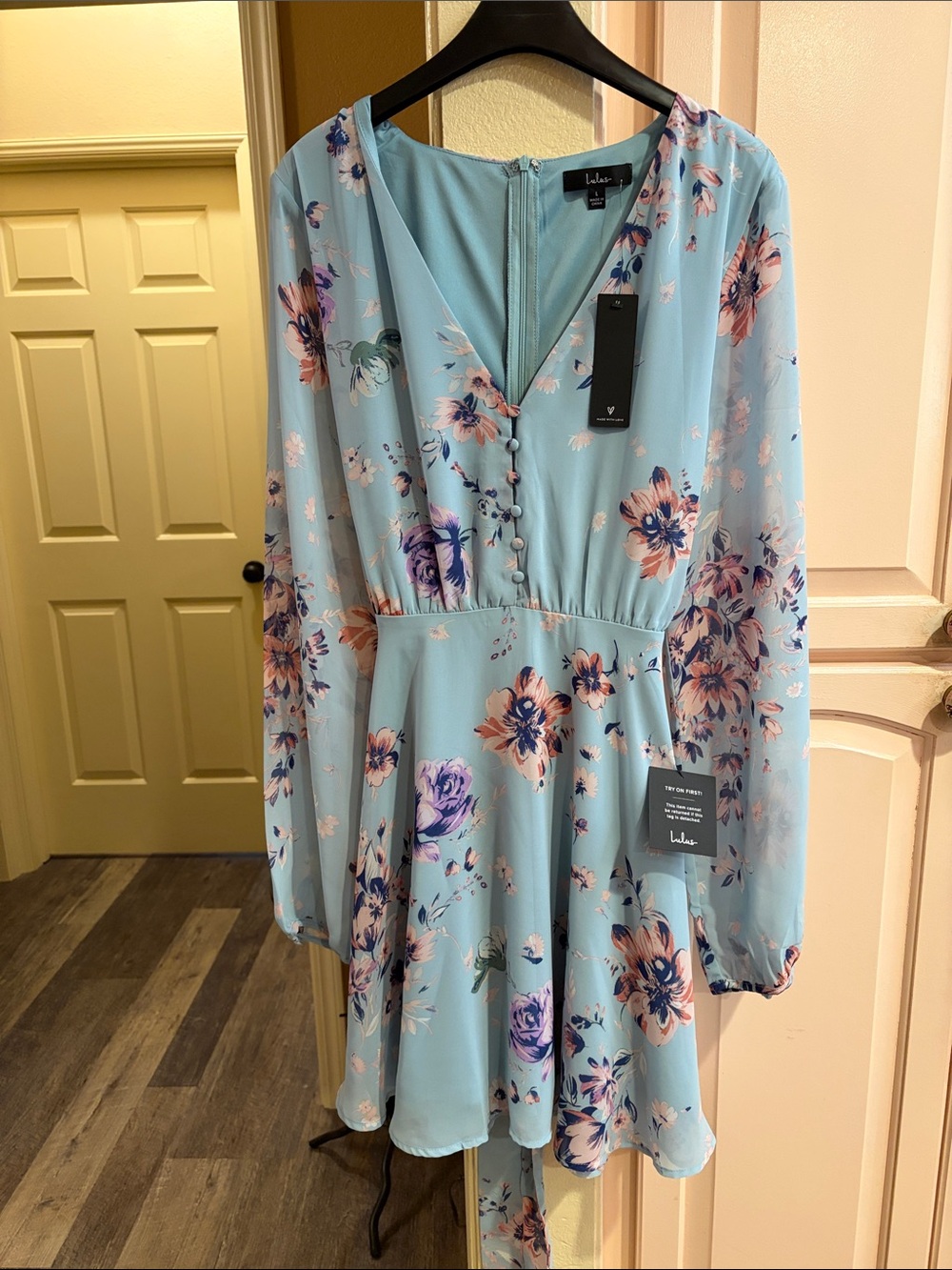 Lulu's always yours Light Blue Floral V-Neck Long Sleeve Skater Dress